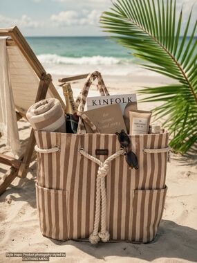 SUN and SAND Cream and Brown Stripe Tote Bag with Rope Closure Detail NWT